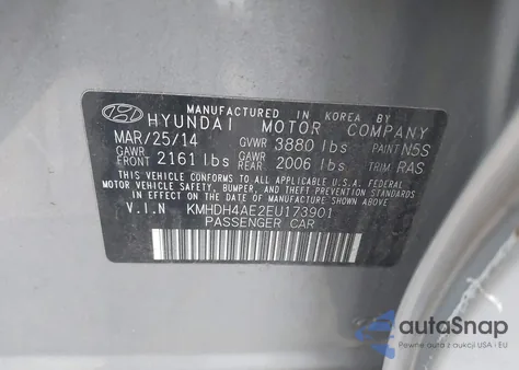 2014 Hyundai Elantra Se z USA, uszkodzony, nr VIN KMHDH4AE2EU173901